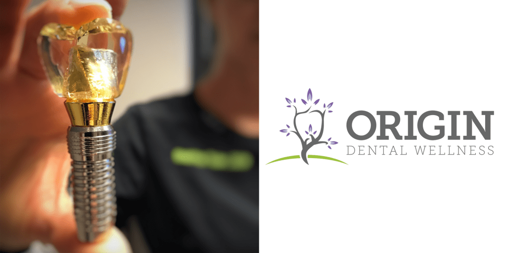 On the left, a dental implant featuring a gold crown highlights the skillful artistry of a biological and holistic dentist dedicated to health-centric care. To the right, you’ll find the Origin Dental Wellness logo, representing our commitment to integrating wellness-focused dental solutions in Tulsa, Oklahoma.