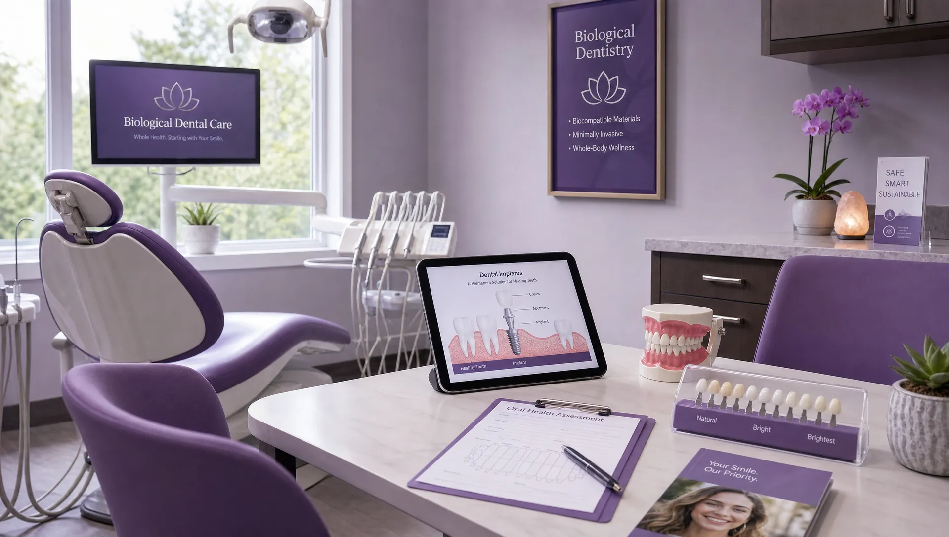 A biological dental consultation room shows a dental chair, tooth models, material samples, and a table ready for a comprehensive oral health discussion.