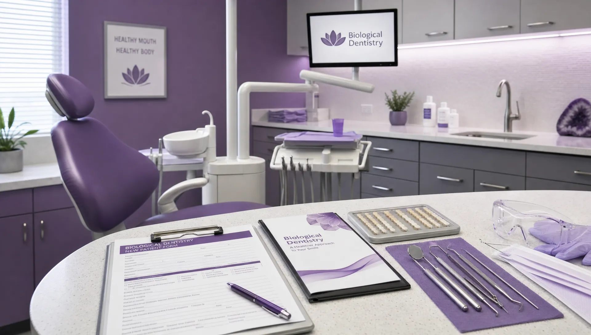 A biological dental exam room with a chair, protective equipment, forms, instruments and material samples arranged for consultation.