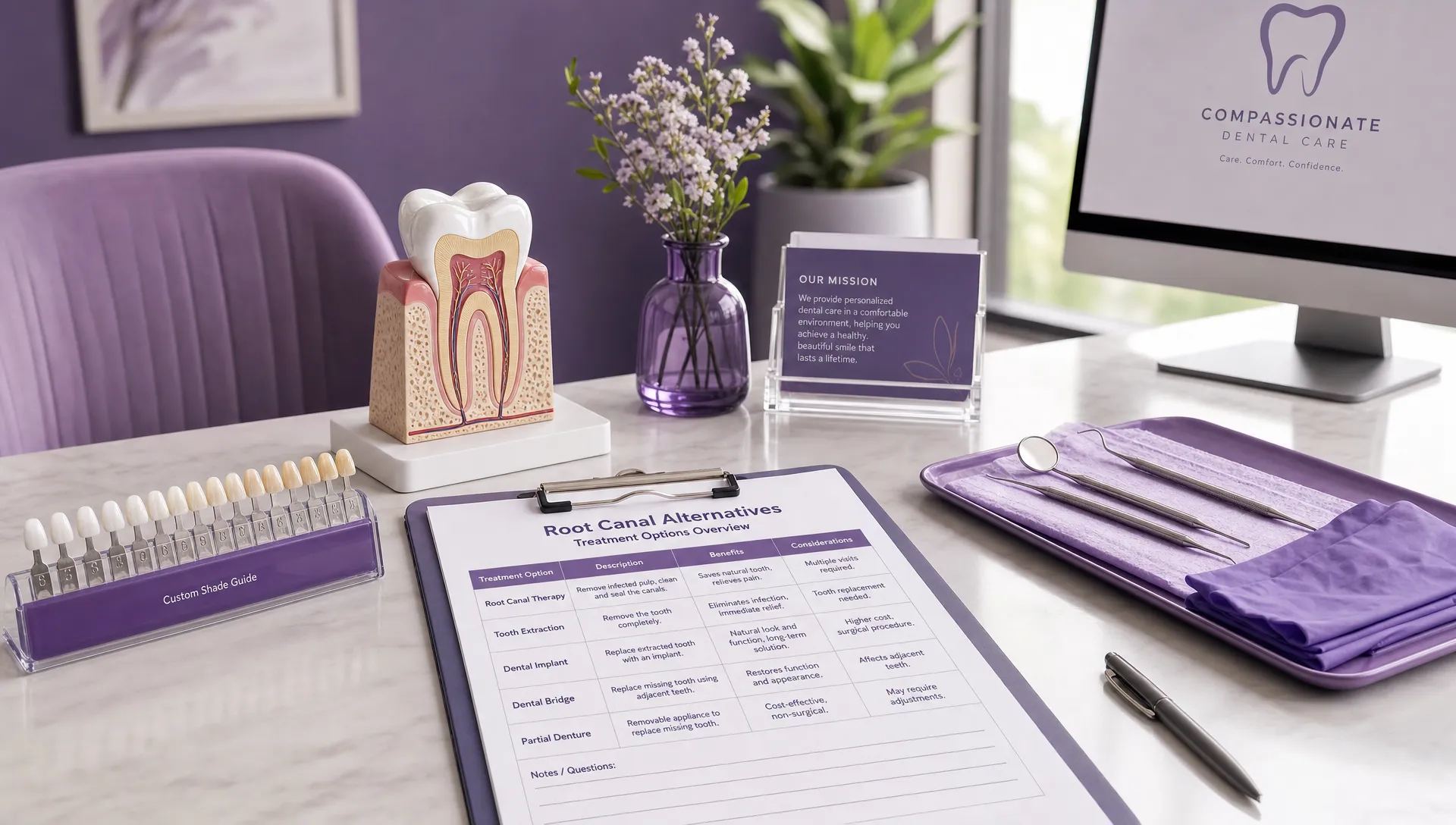 A bright consultation table with a tooth model, ceramic samples, protective instruments, and a treatment worksheet for root canal alternatives.