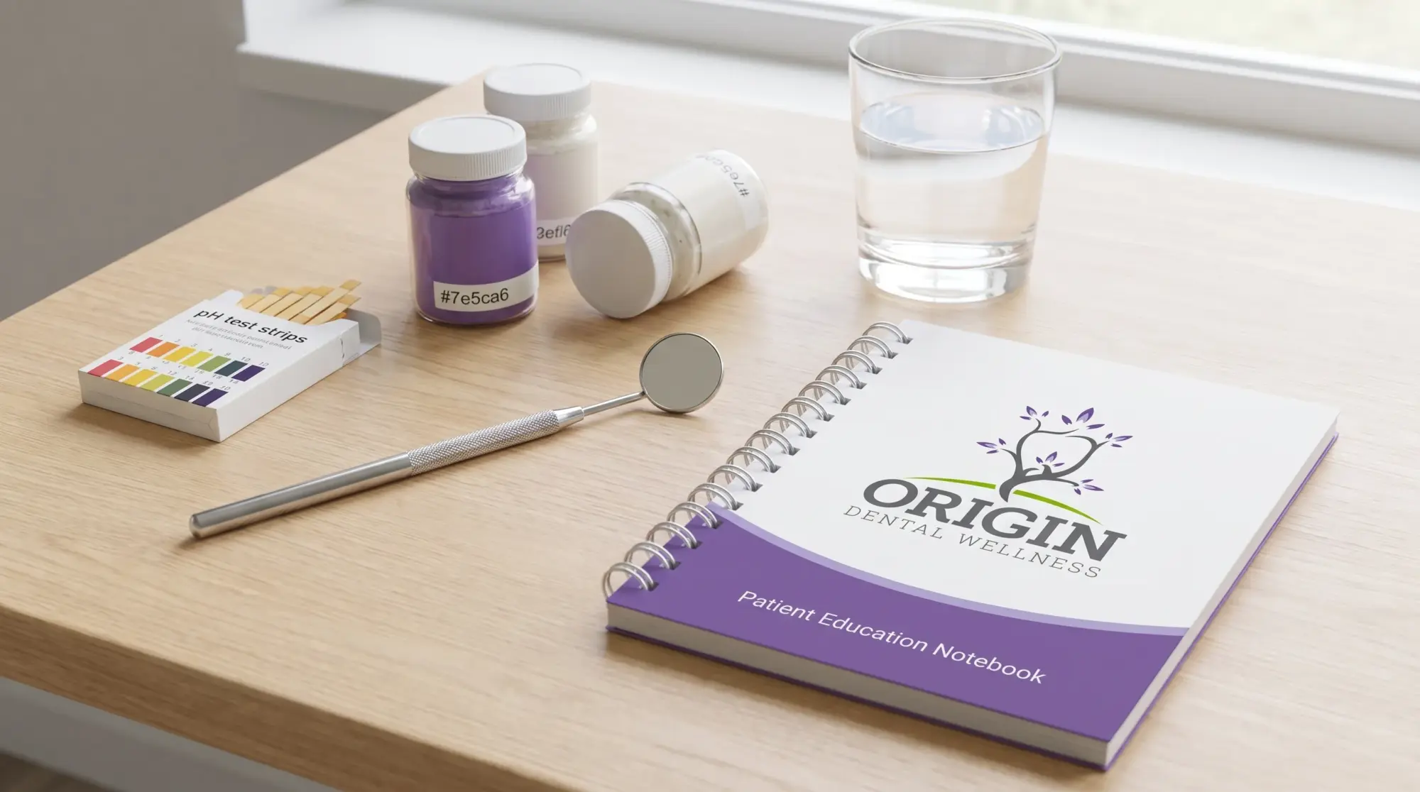 A calm biological dental care setup with a dental mirror, pH test strips, sample biocompatible dental materials, a glass of water, and a patient education notebook arranged on a clean consultation table.