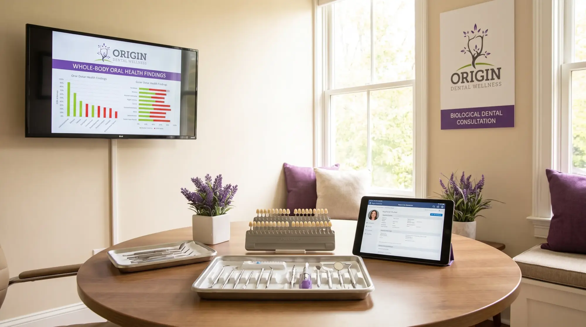 A calm biological dental consultation room with a round table, natural light, organized instruments, ceramic restoration samples, and a wall monitor for reviewing whole-body oral health findings, with no faces visible.