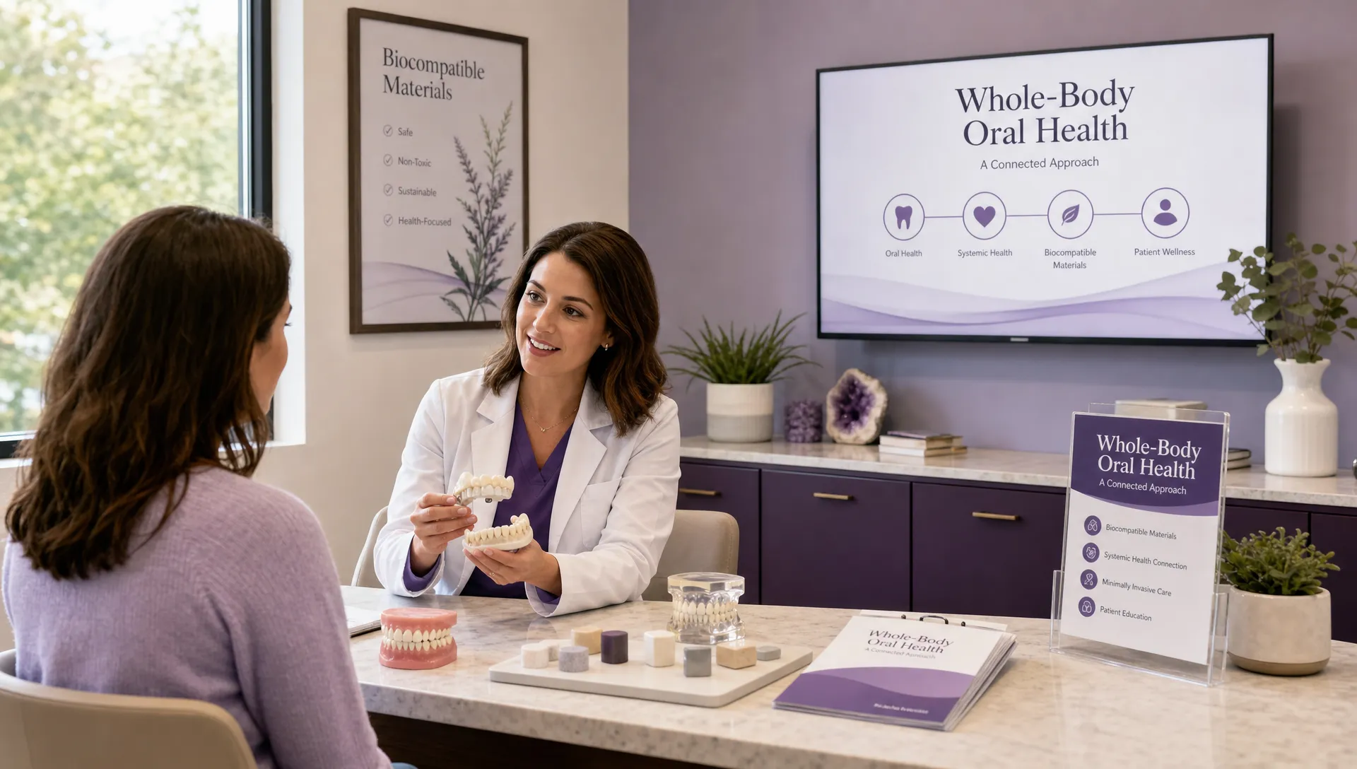 A calm biological dental consultation room with natural light, dental models, biocompatible material samples, and a patient education setup focused on whole-body oral health.
