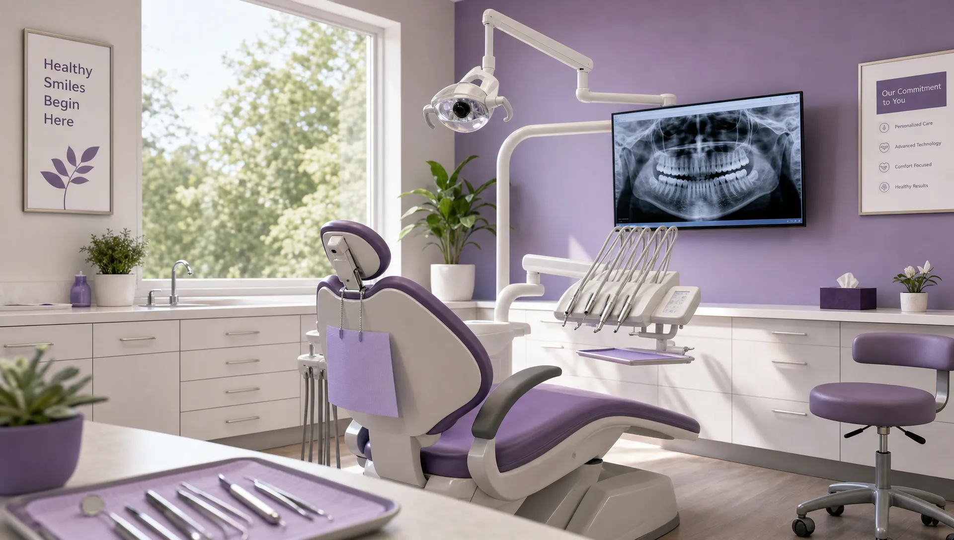 A calm biological dental exam room with a dental chair, imaging equipment, natural light, and organized tools prepared for a comprehensive new patient evaluation.