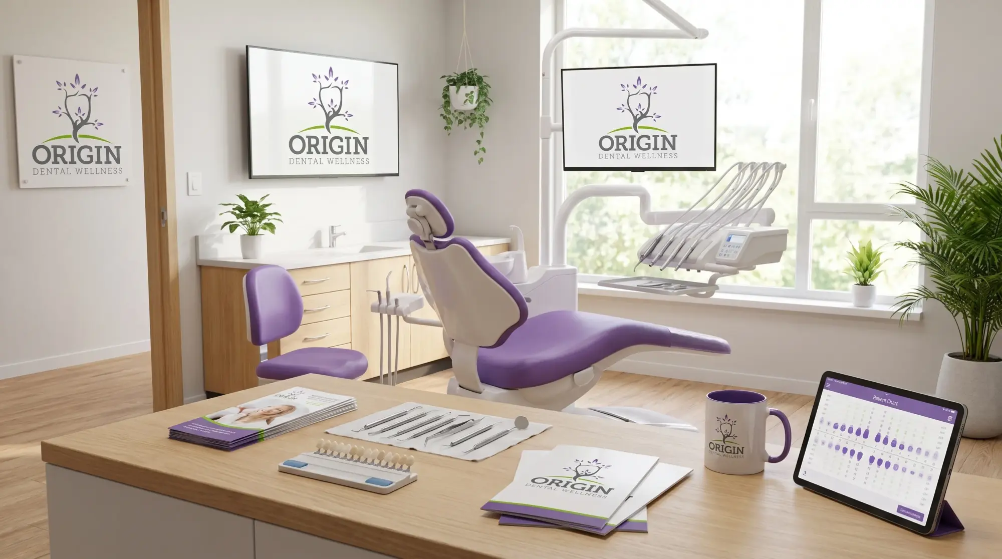 A calm biological dental exam room with a dental chair, natural light, dental instruments, ceramic restoration samples, and wellness-focused educational materials arranged neatly on a counter.