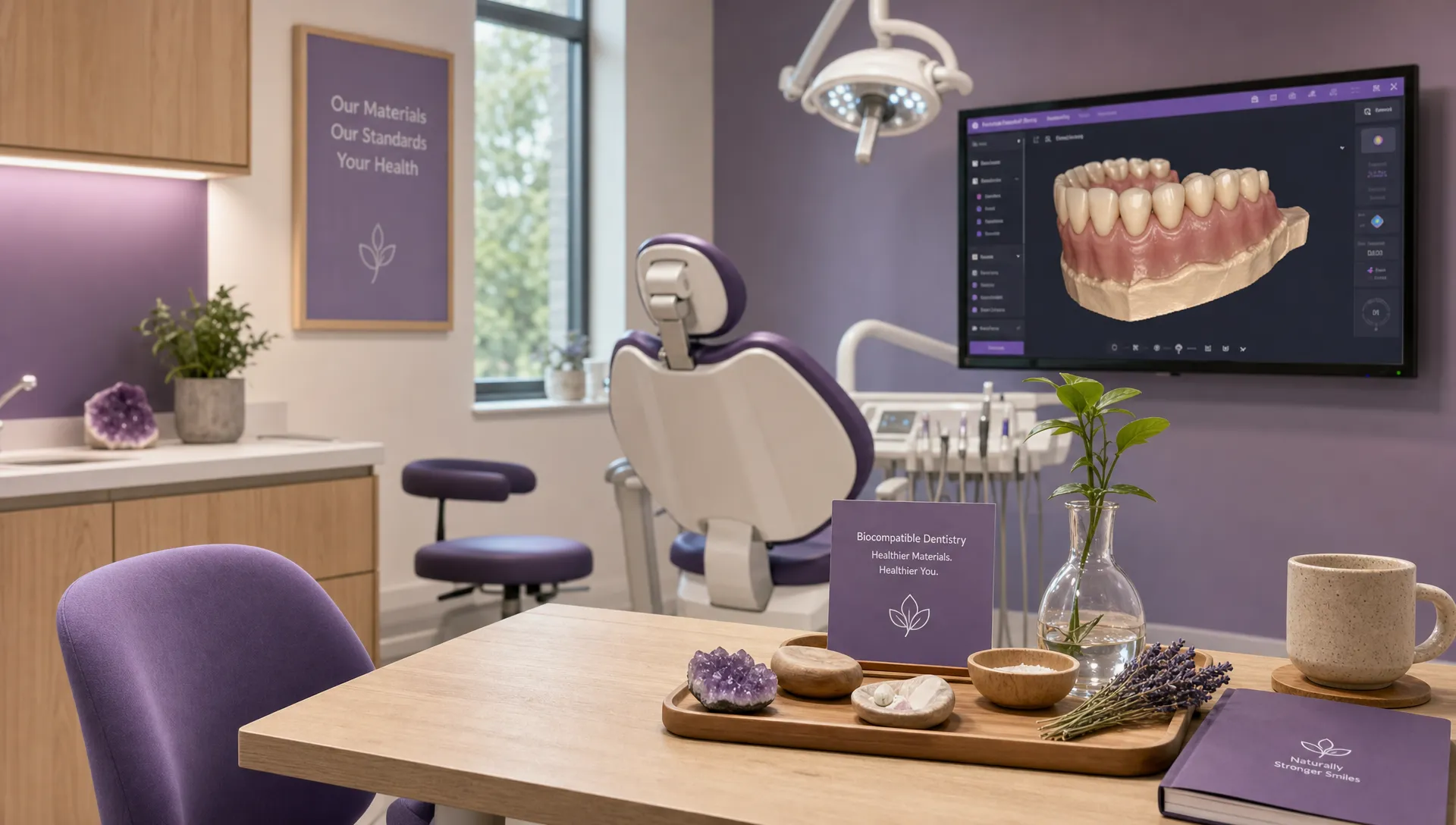 A calm biological dental exam room with dental instruments, a 3D dental scan displayed correctly on a monitor, and natural materials arranged on a consultation table to represent biocompatible dentistry.