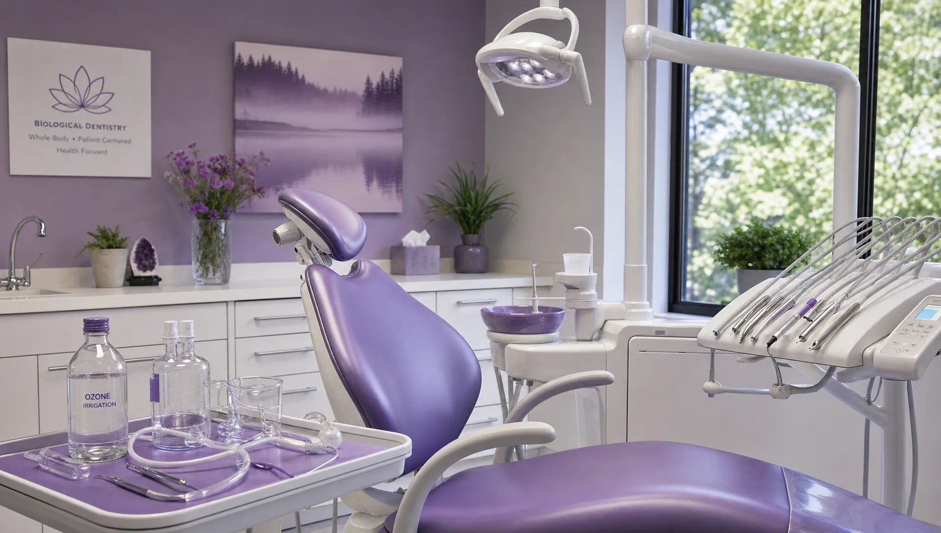 A calm biological dental operatory is prepared with a chair, clean instruments, and glass irrigation materials for ozone-supported care.