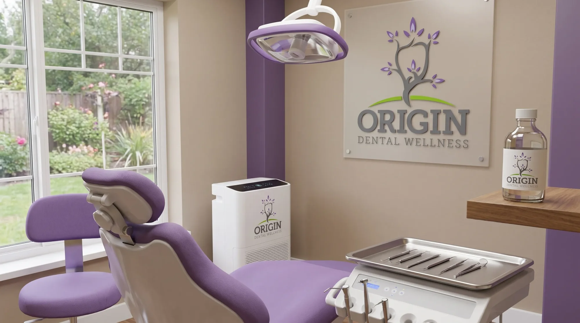A calm biological dental treatment room with a dental chair, clean instruments, air filtration equipment and a peaceful atmosphere for low-toxicity care.