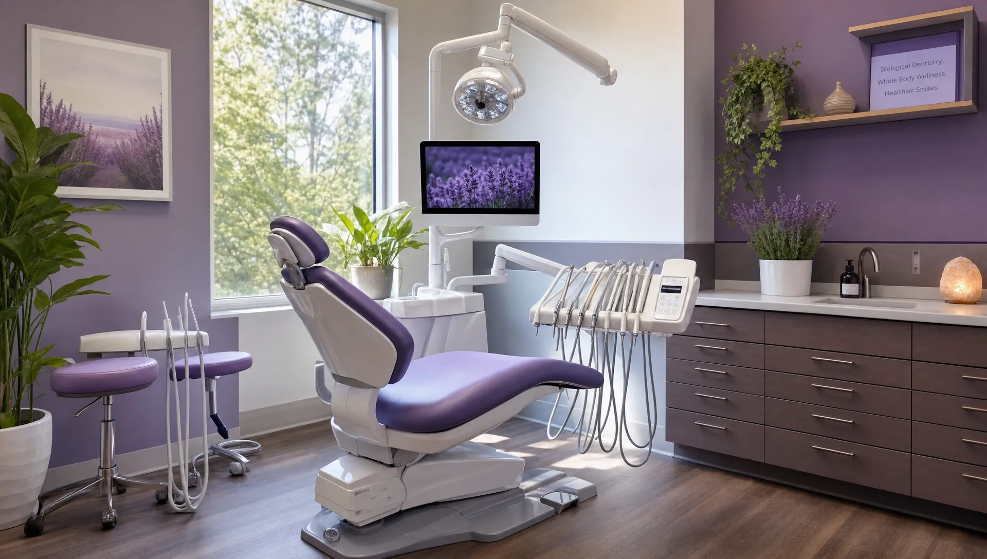 A calm biological dental treatment room with a patient chair, neatly arranged dental instruments, natural light, plants, and a clean wellness-focused atmosphere.