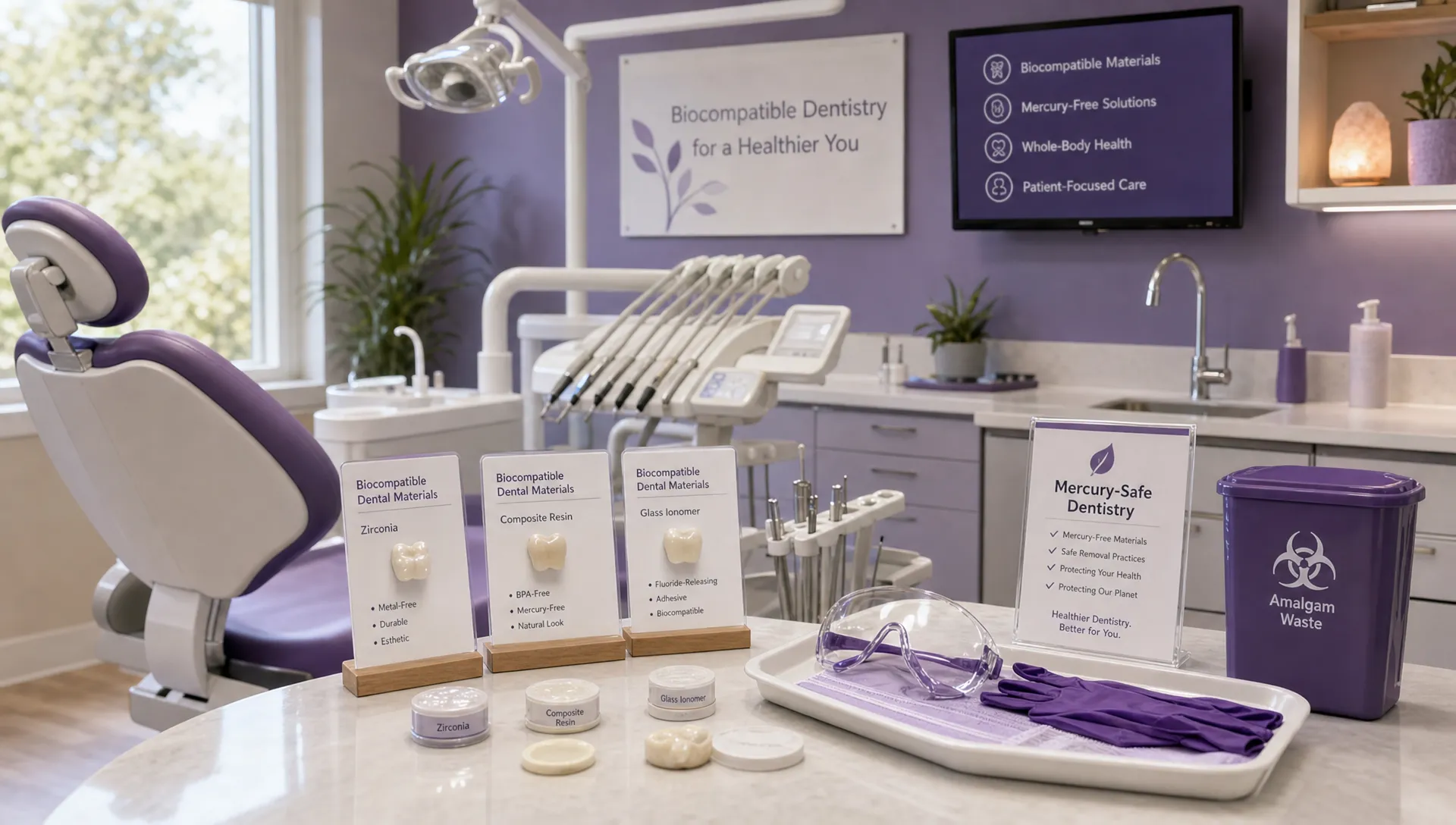 A calm biological dental treatment room with biocompatible dental material samples, protective equipment for mercury-safe procedures, and a clean clinical setting designed for sensitive patients.