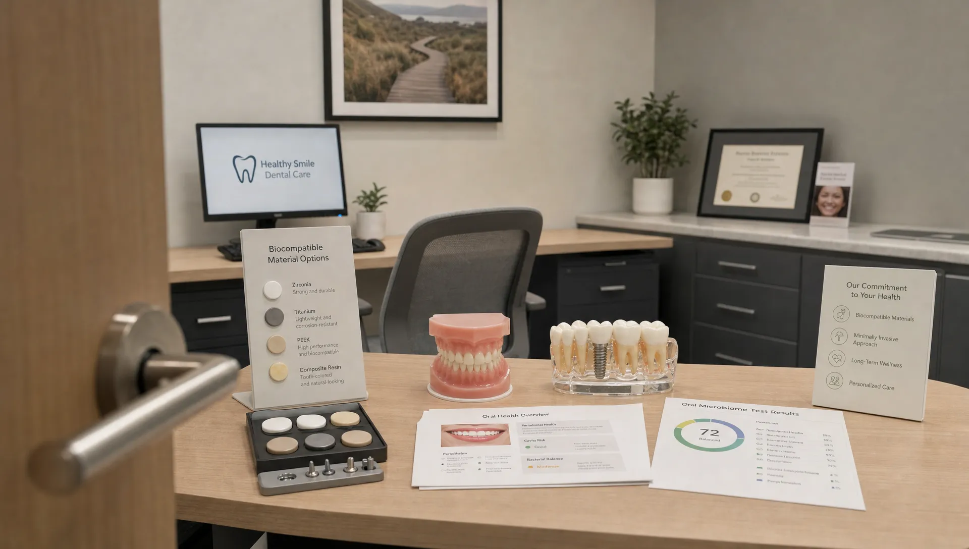 A calm consultation room with dental models, biocompatible material samples, and printed oral health test results arranged on a table for a patient discussion, viewed from the doorway with the chair and desk in the background.