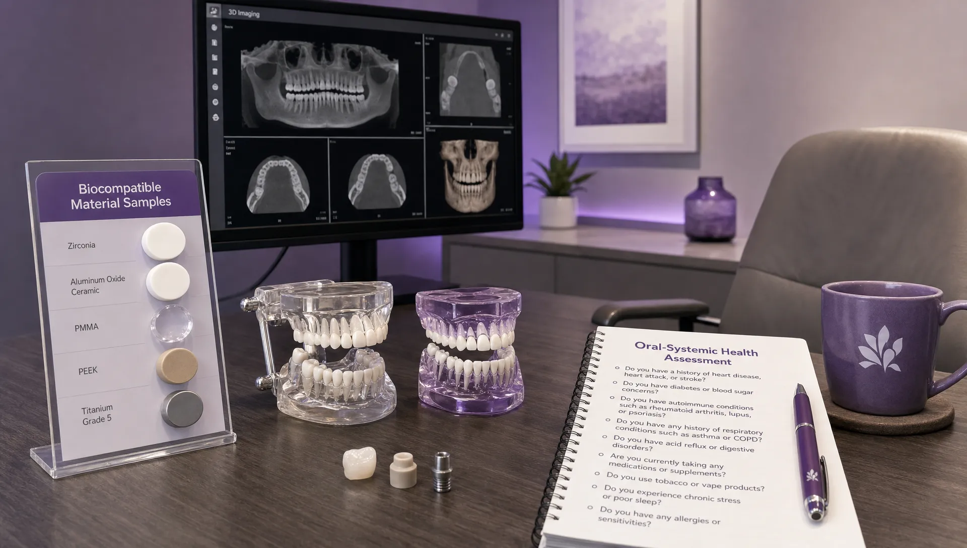A calm consultation room with dental models, biocompatible material samples, a cone beam scan on a monitor, and a notebook of oral-systemic health questions.
