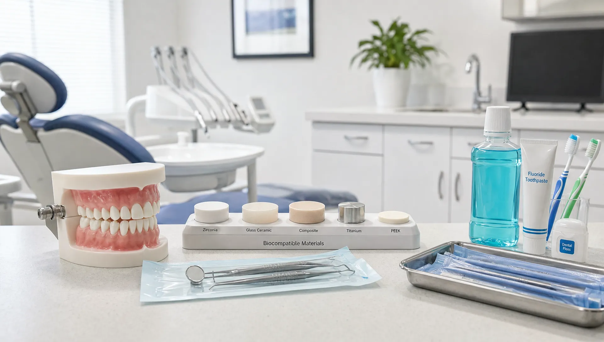A calm dental consultation room with a dental model, biocompatible material samples, sealed instruments, and preventive care tools arranged neatly on a counter, with no people present.