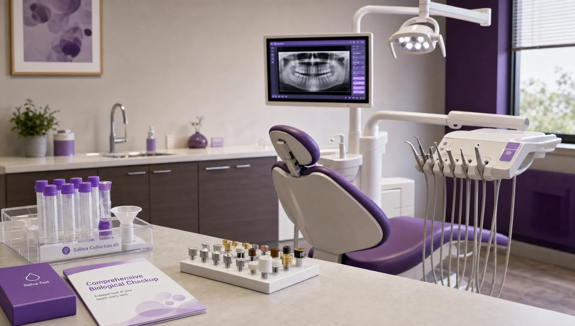 A calm dental exam room with a chair, diagnostic tools, saliva testing supplies, and material samples for a comprehensive biological checkup.
