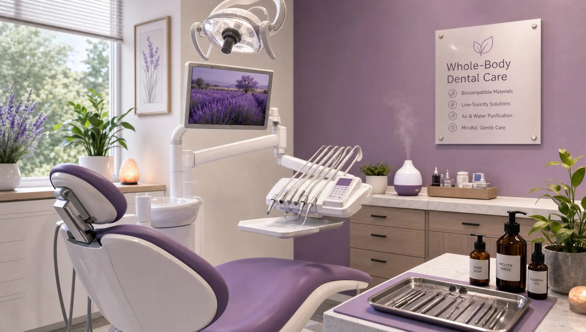 A calm dental treatment room with neatly arranged instruments, protective equipment, and wellness elements beside a dental chair, suggesting low-toxicity and whole-body focused care.
