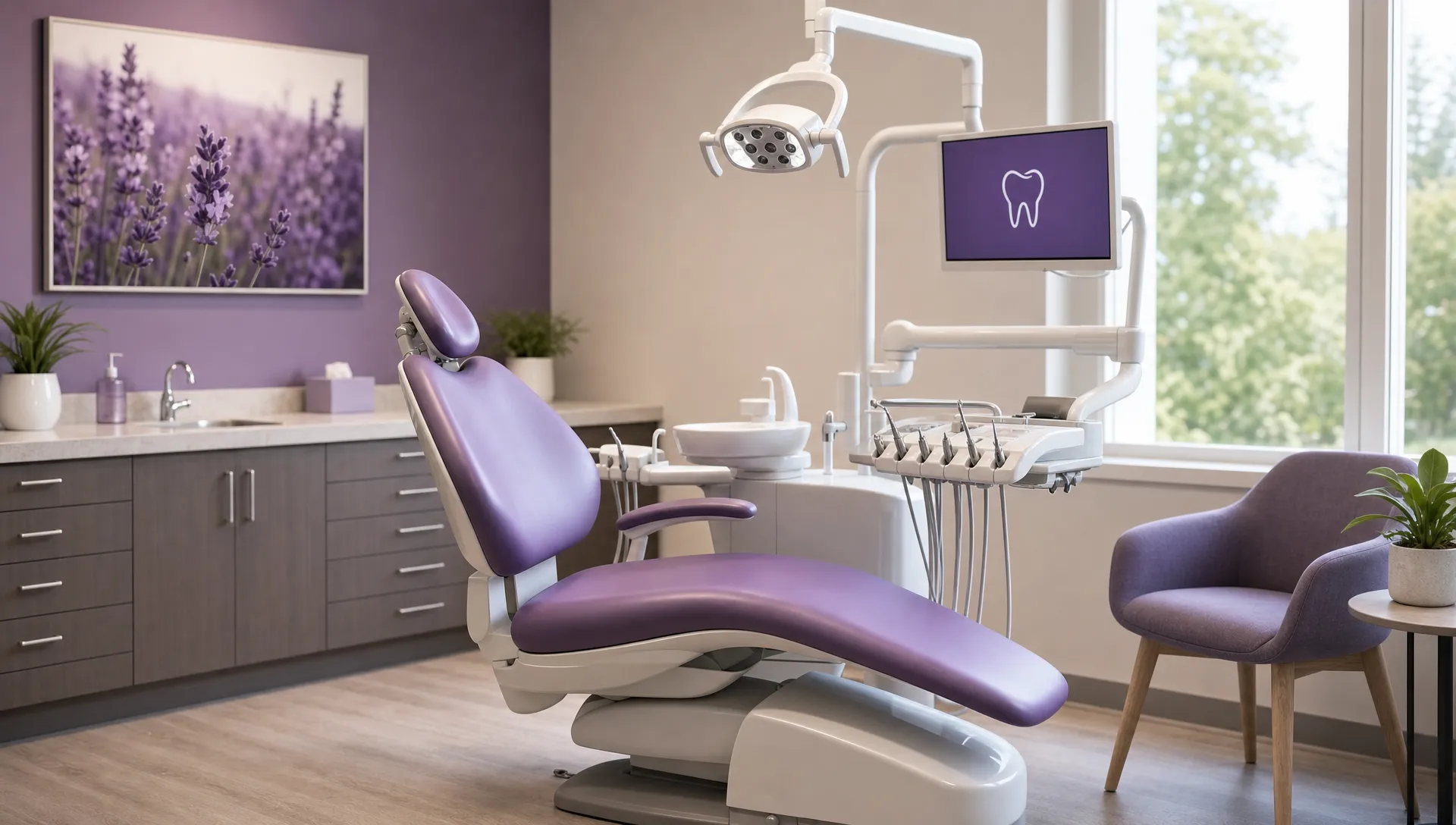 A calm dental treatment room with soft natural light, a comfortable dental chair, simple uncluttered surroundings, and a nearby chair for a caregiver or support person.