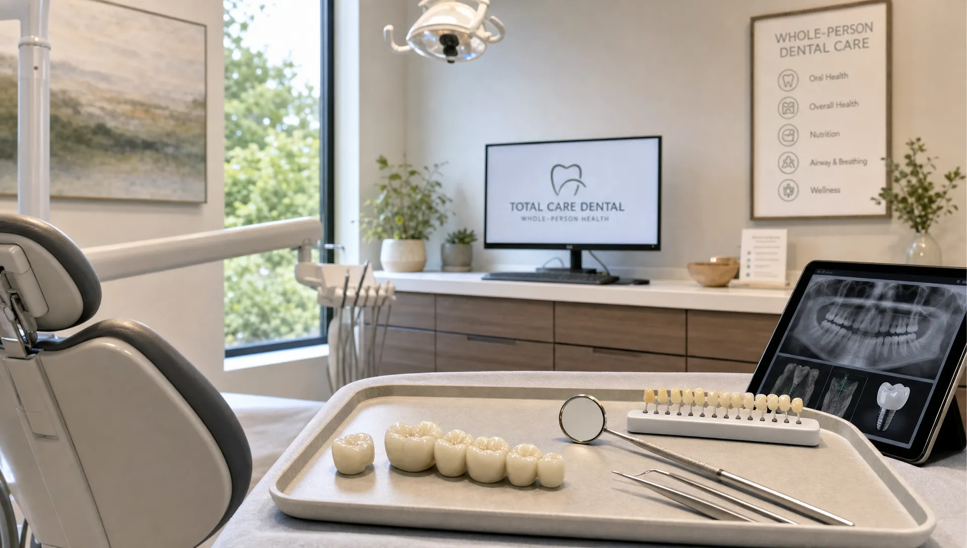 A calm treatment room with natural light, ceramic dental restorations on a tray, and diagnostic tools arranged neatly to represent total care dental and holistic treatment planning.