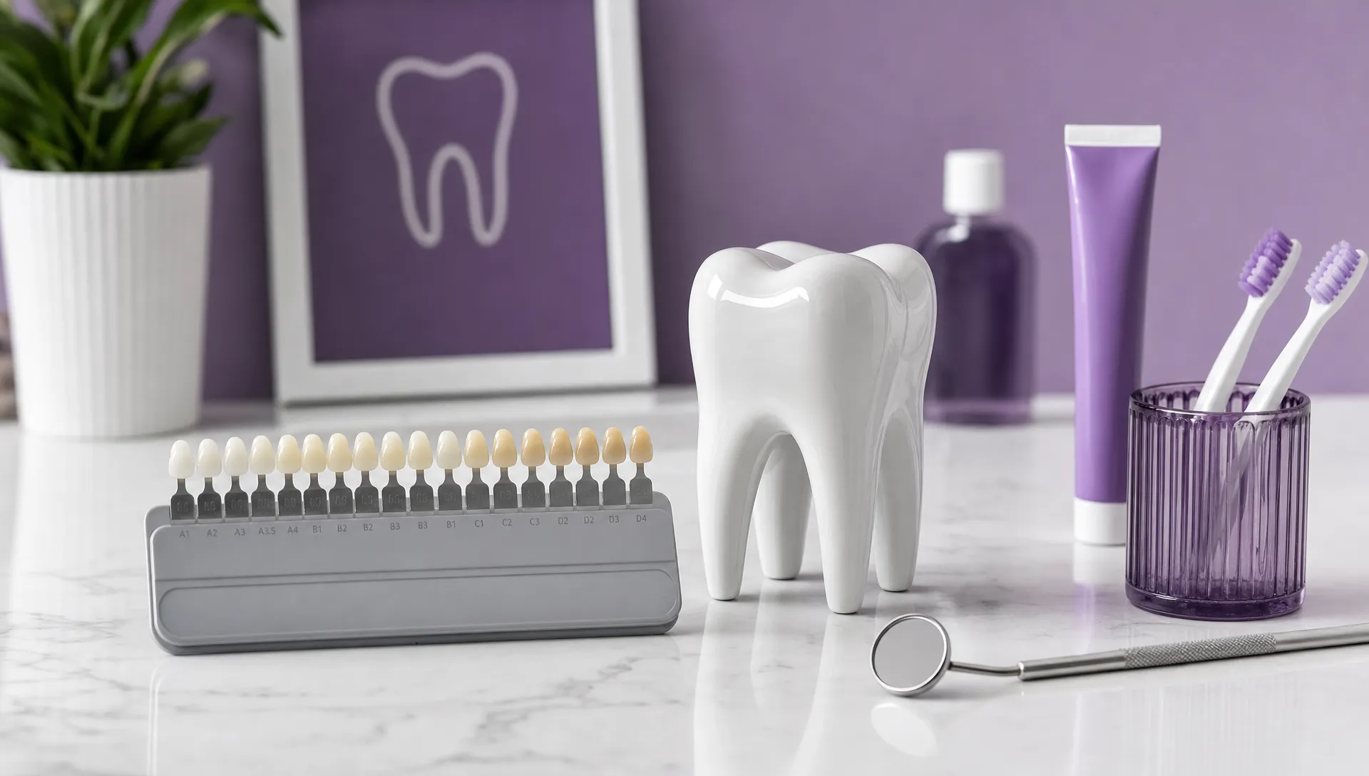 A ceramic tooth model, shade guide, dental mirror and oral care items sit on a clean counter for natural smile planning.