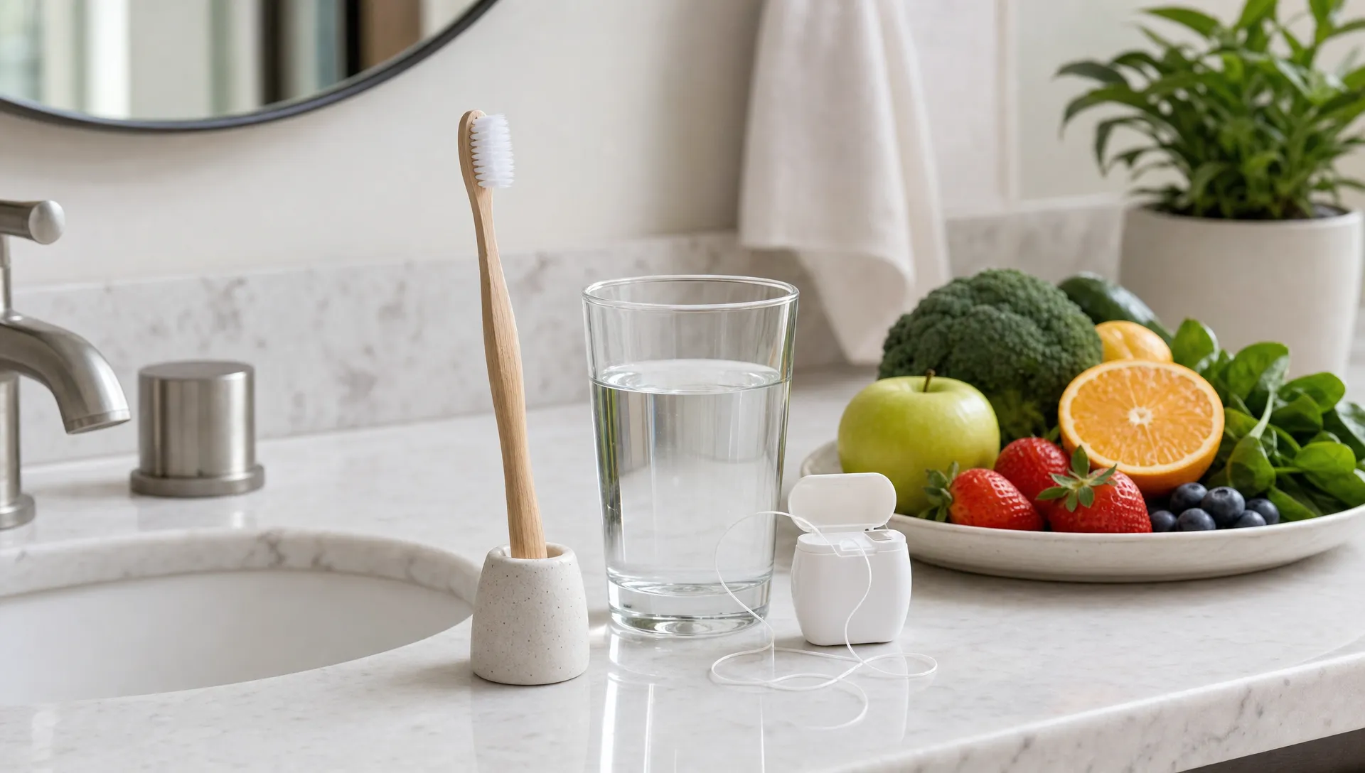 A clean bathroom counter with a soft toothbrush, a glass of water, floss, and fresh whole foods nearby, representing daily dental habits connected to whole-body wellness.