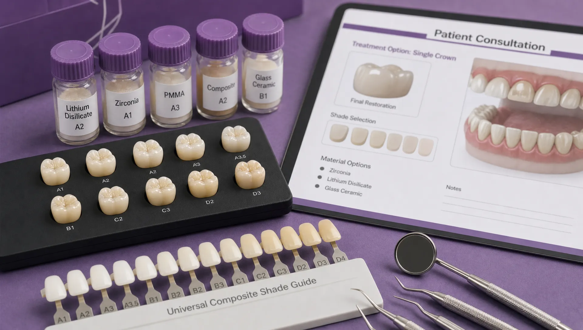 A close-up of ceramic crown samples, composite shade guides, labeled material vials, and dental instruments arranged beside a patient consultation chart.