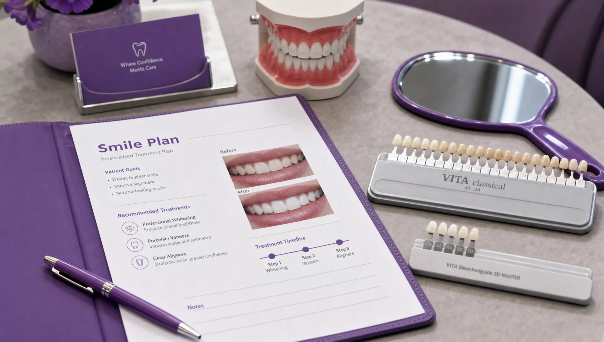 A close-up view of a dental consultation table with a tooth model, shade guides, a handheld mirror, and printed treatment notes arranged for smile planning, emphasizing the connection between cosmetic goals and oral health.
