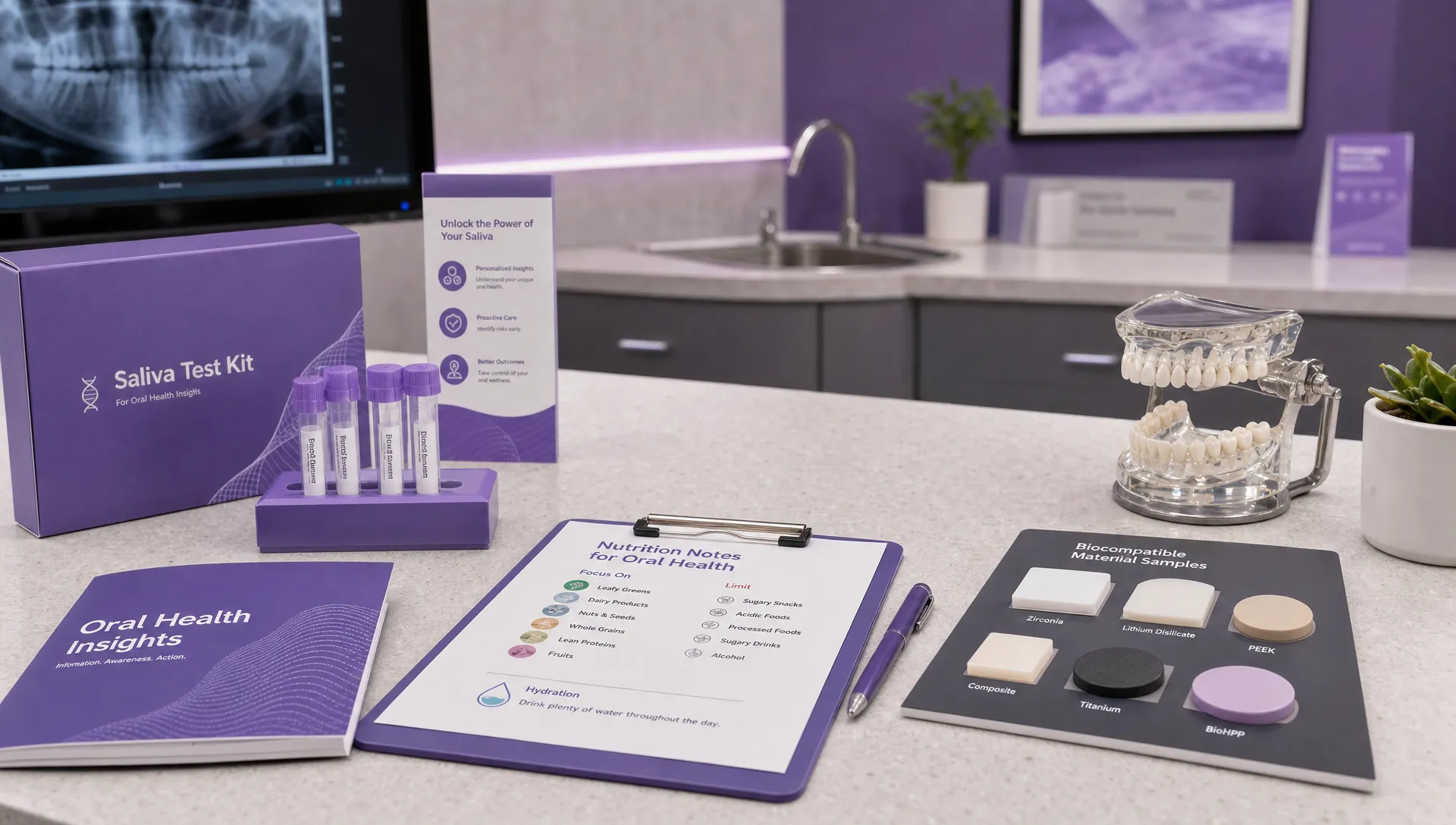 A consultation counter holds saliva testing supplies, biocompatible material samples, a jaw model, and nutrition notes.