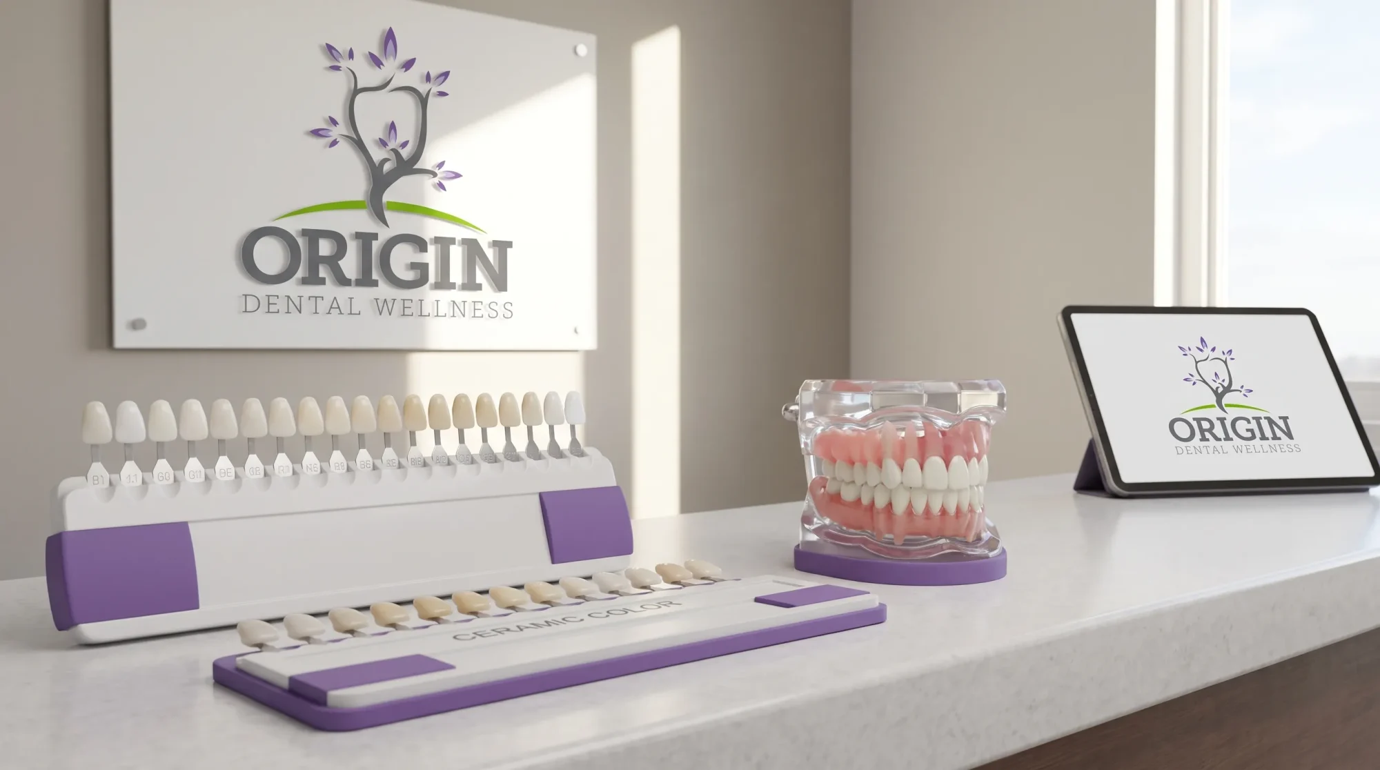 A consultation counter holds shade guides, ceramic samples, and a healthy smile model for biocompatible cosmetic planning.