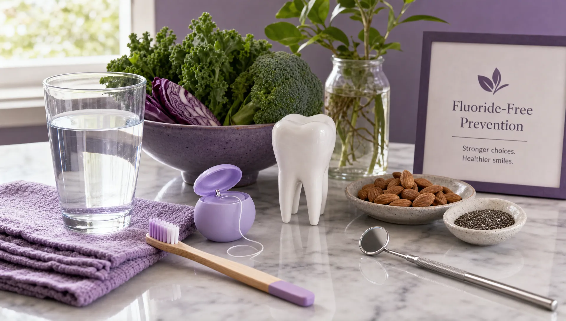 A countertop arrangement with a toothbrush, floss, a glass of water, fresh mineral-rich foods, a dental mirror, and a ceramic tooth model shows fluoride-free prevention.