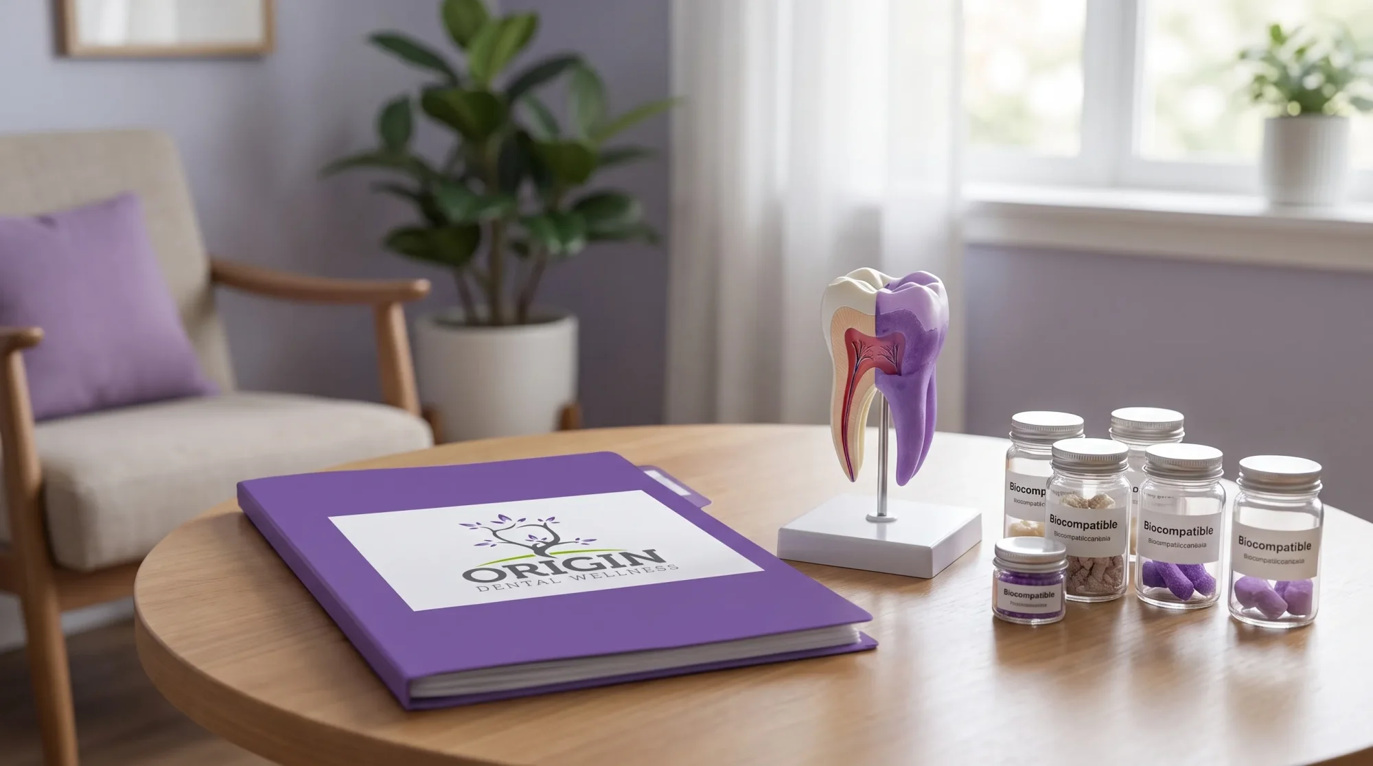 A dental history packet, tooth model, and biocompatible material samples are arranged on a table in a peaceful consultation room.