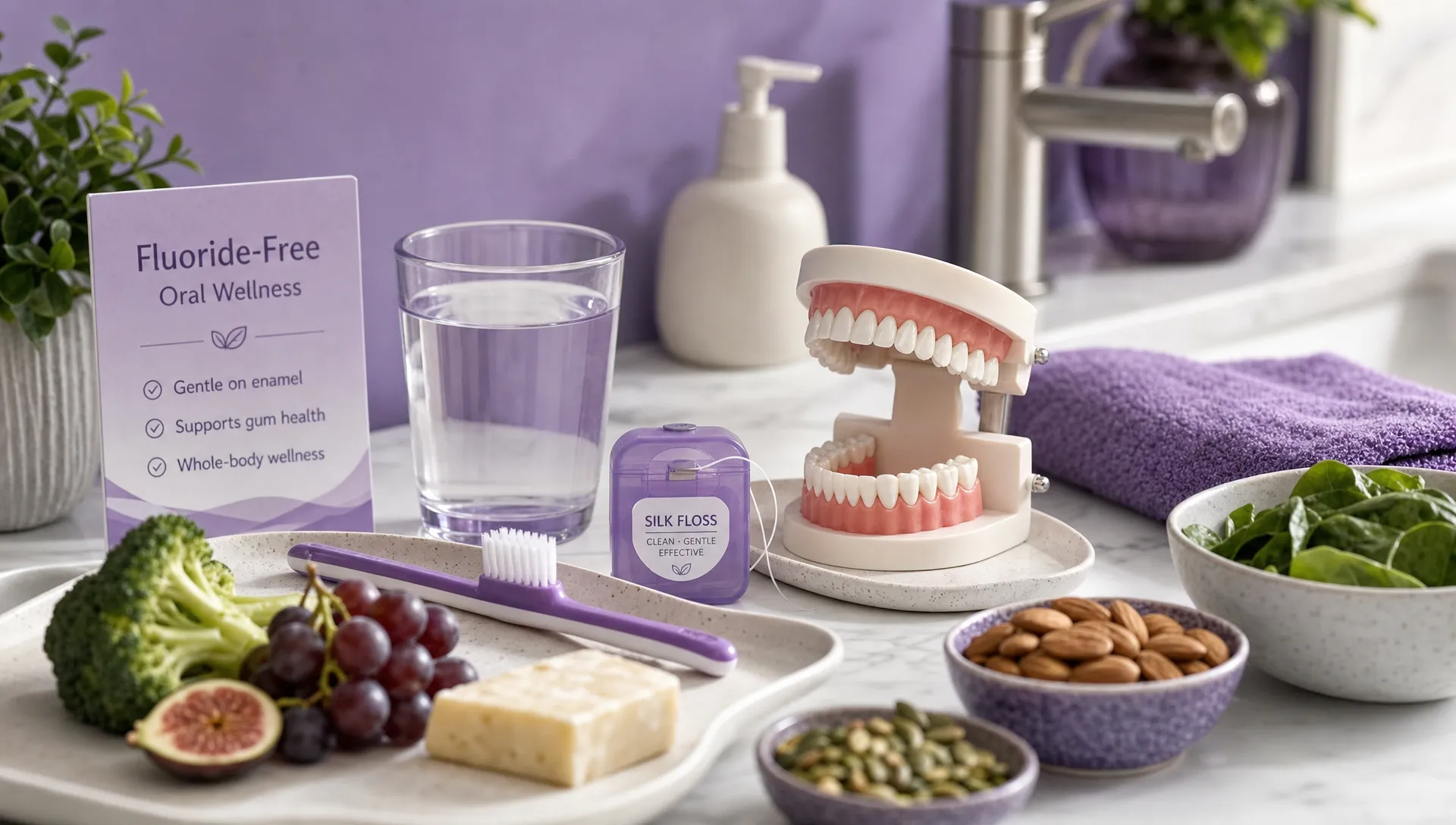 A fluoride-free oral wellness setup with a soft toothbrush, floss, a glass of water, mineral-rich foods, and dental models arranged on a clean bathroom counter.