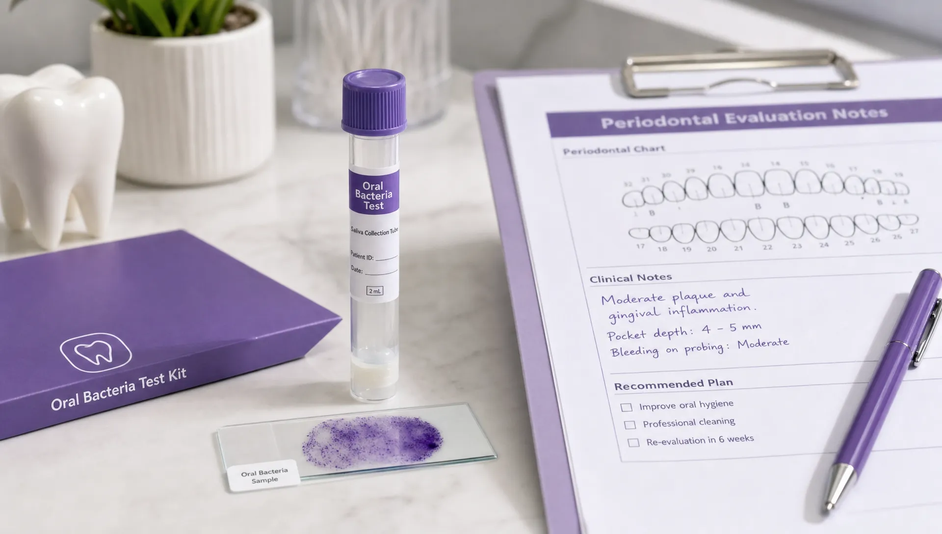 A labeled saliva collection tube, microscope slide, and periodontal notes on a consultation table for oral bacteria testing.