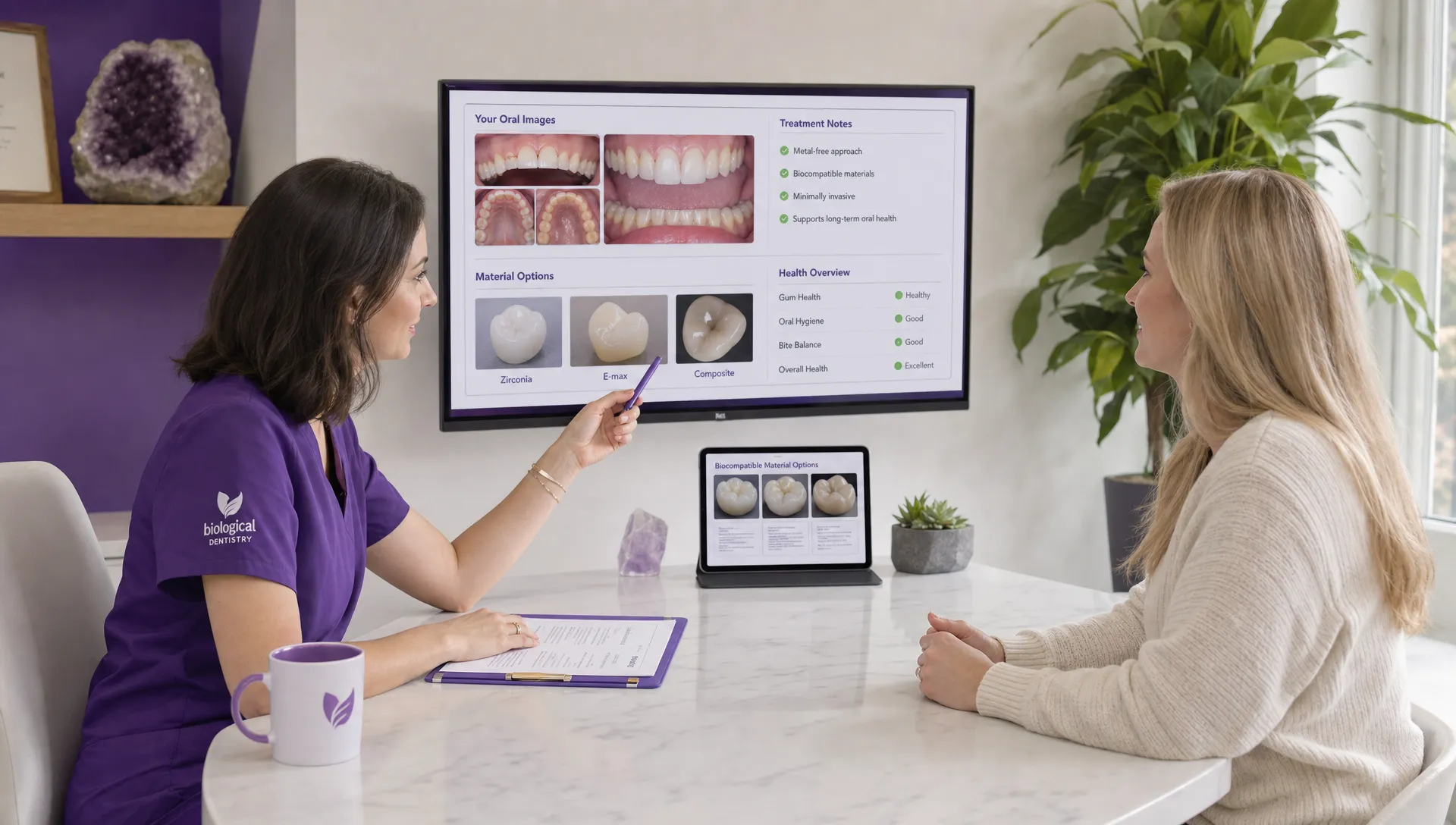 A patient reviews oral images, material options, and health notes during a calm biological dental consultation.