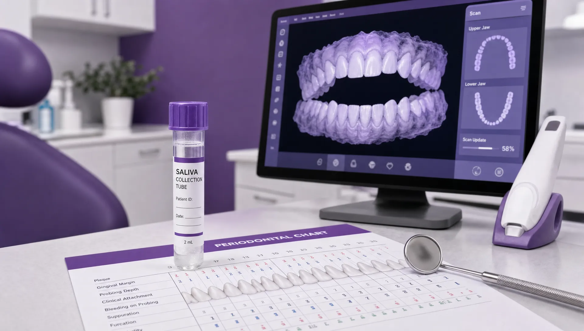 A saliva tube, periodontal chart, dental mirror and jaw scan monitor show biological dental testing.