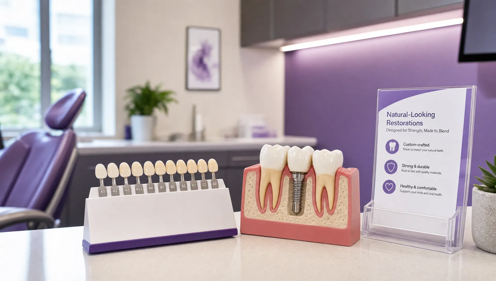 A side counter holds tooth-colored material samples and a patient education model of healthy gums and natural-looking restorations.