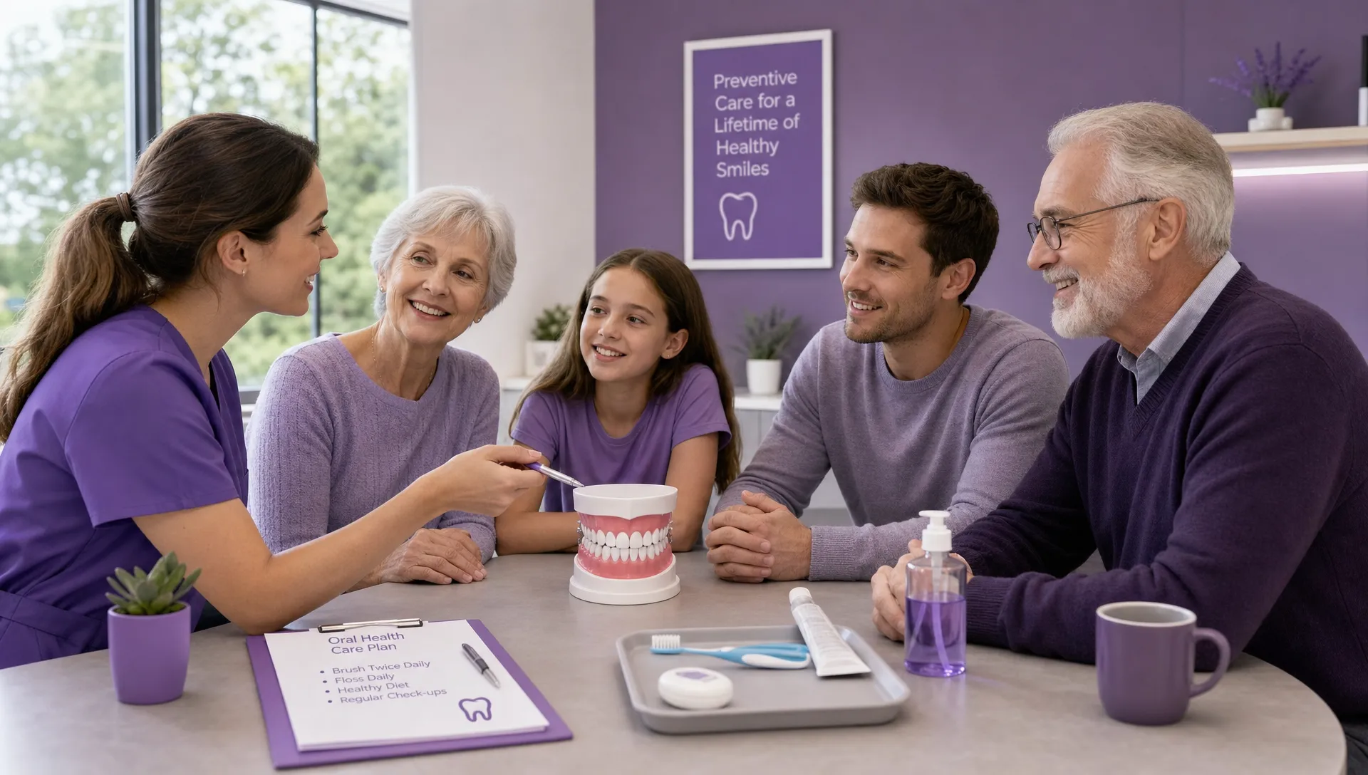 Adults of different ages sitting around a calm consultation table with a tooth model, oral health notes, and simple preventive care items, representing preventive care across life stages.