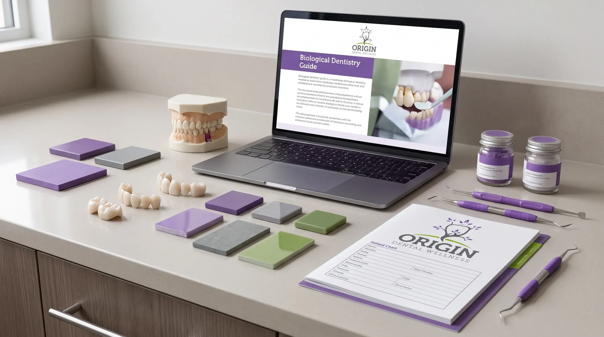 Ceramic restorations, material samples, and a dental model are arranged on a clean countertop during a biological dentistry consultation.