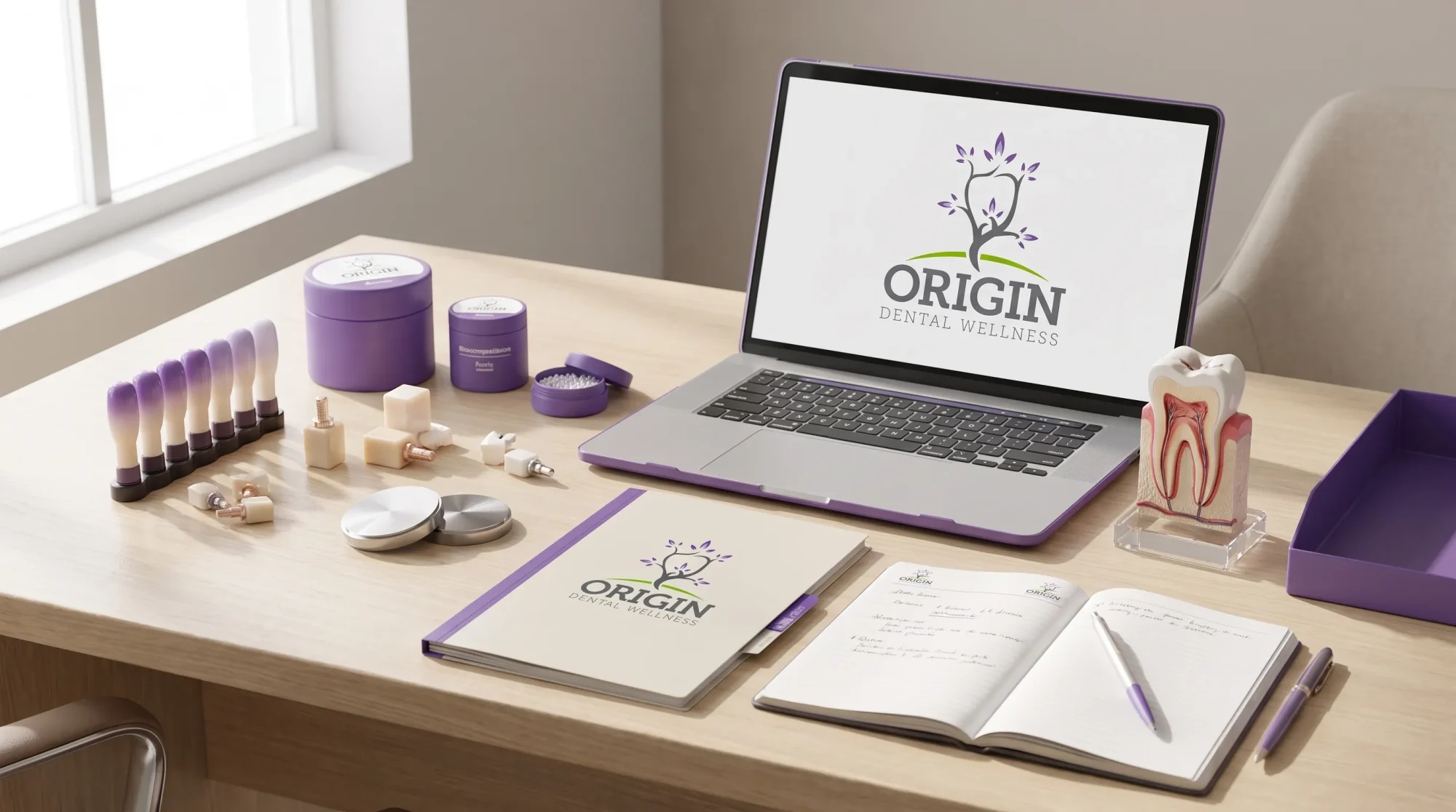 Dental material samples, a tooth model, and patient notes are arranged on a consultation desk for biocompatible planning.