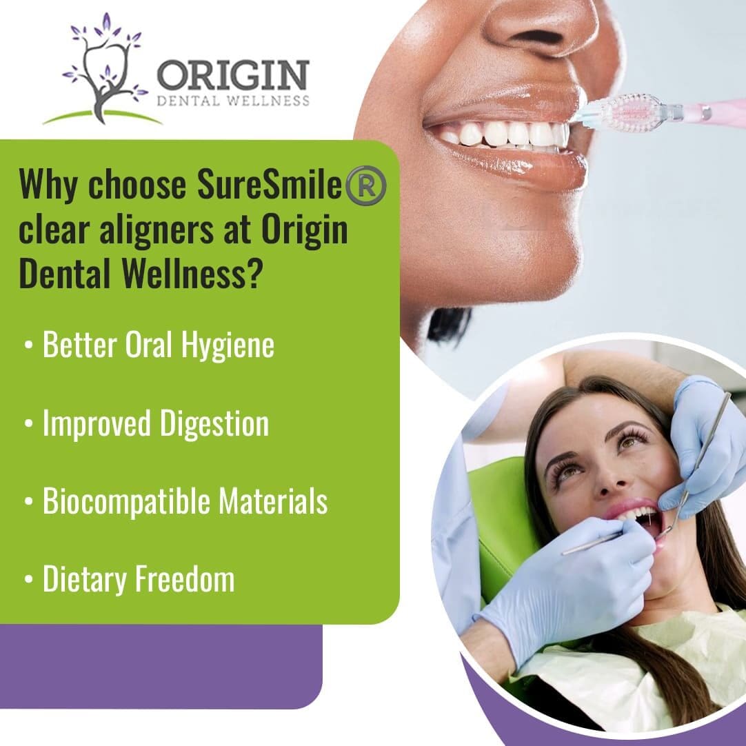 A woman brushing her aligned teeth and a dentist working on a patient's mouth.