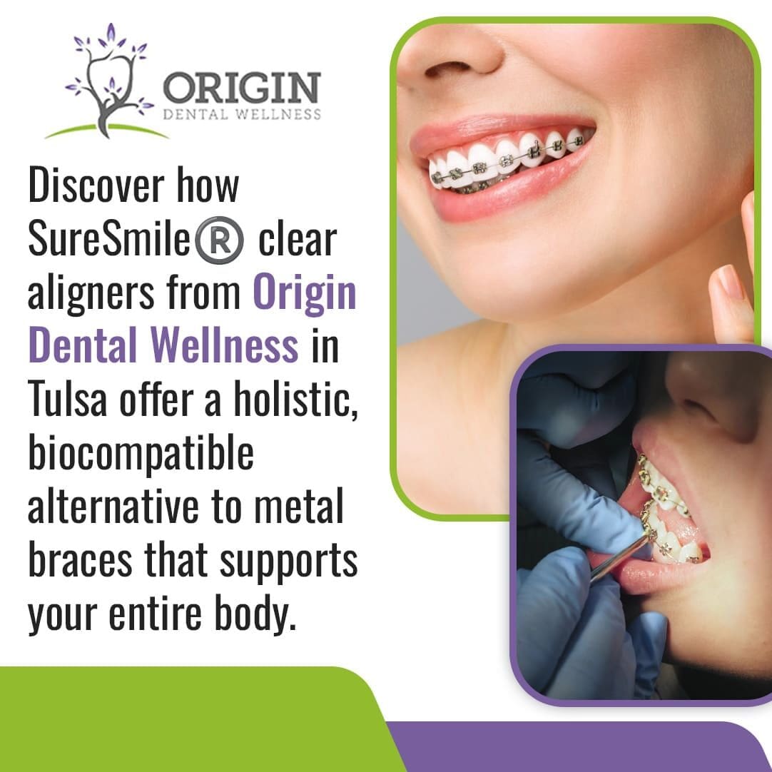 A smiling woman with straight teeth and a close-up of a hand adjusting traditional metal braces.